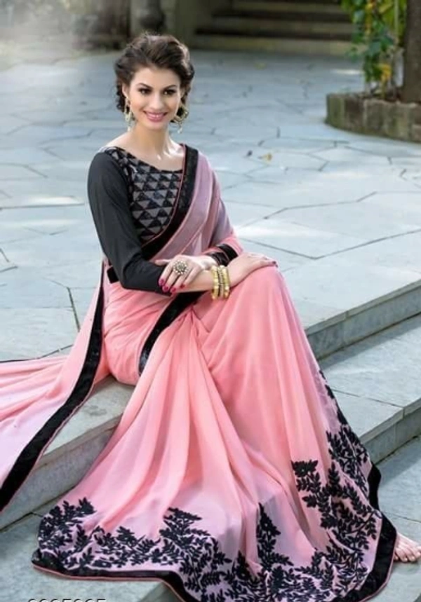  MOSS CHIFFON Pink Embeoiderd SAREE Vichitra Silk -  Free Size,  Pink, Chiffon, Embroidered, Pack of 1